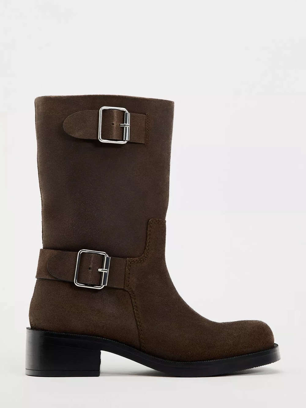Zara Buckled Brown Suede Mid Calf Boots